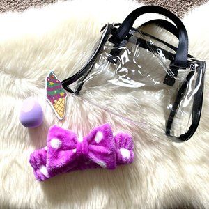 Transparent Mini Boston Bag with Purple Headband & Makeup Sponge
